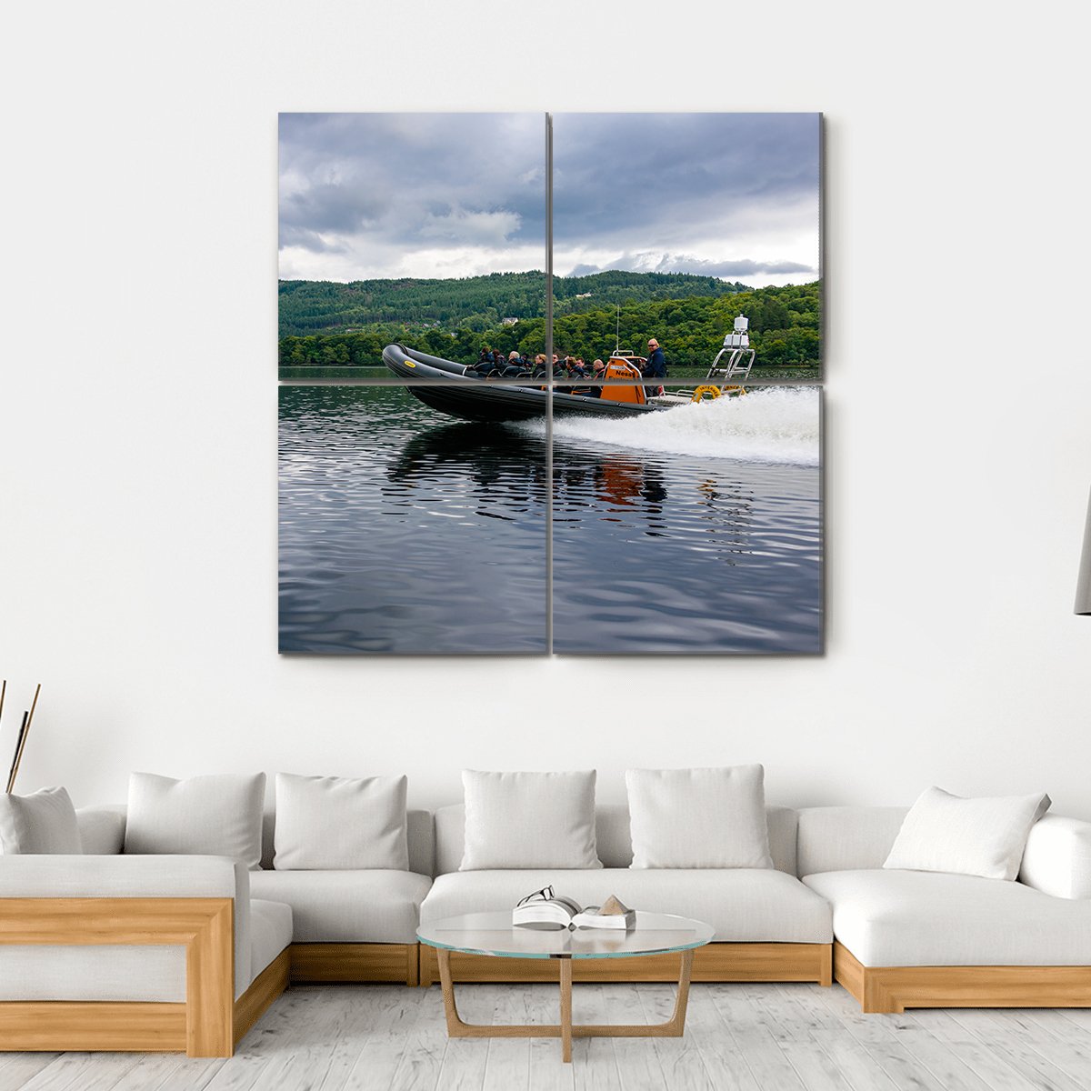Tourists Speedboating In Loch Ness Scotland Canvas Wall Art-4 Square-Gallery Wrap-17" x 17"-Tiaracle