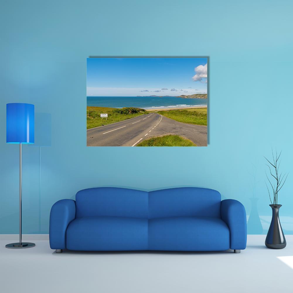 Towards Newgale Canvas Wall Art in gray, green and blue, single panel hung on a wall