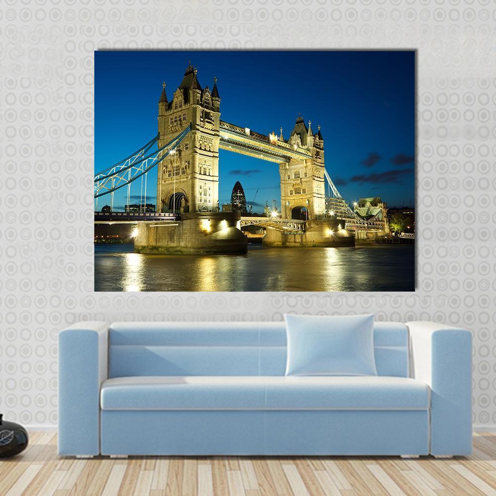 Tower Bridge at Dusk Canvas Wall Art in black, yellow and blue, single panel hung on a wall