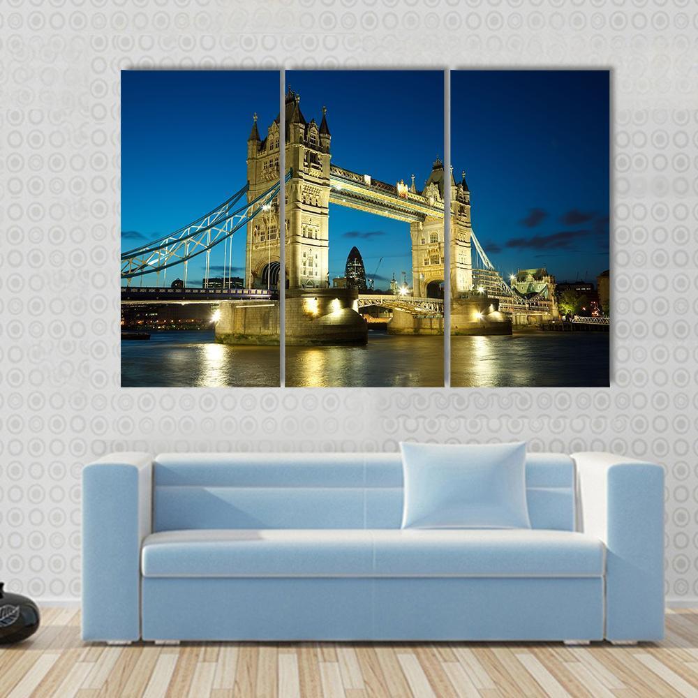 Tower Bridge At Dusk Canvas Wall Art-3 Horizontal-Gallery Wrap-37" x 24"-Tiaracle