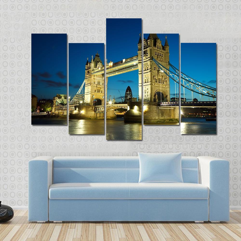 Tower Bridge At Dusk Canvas Wall Art-5 Pop-Gallery Wrap-47" x 32"-Tiaracle