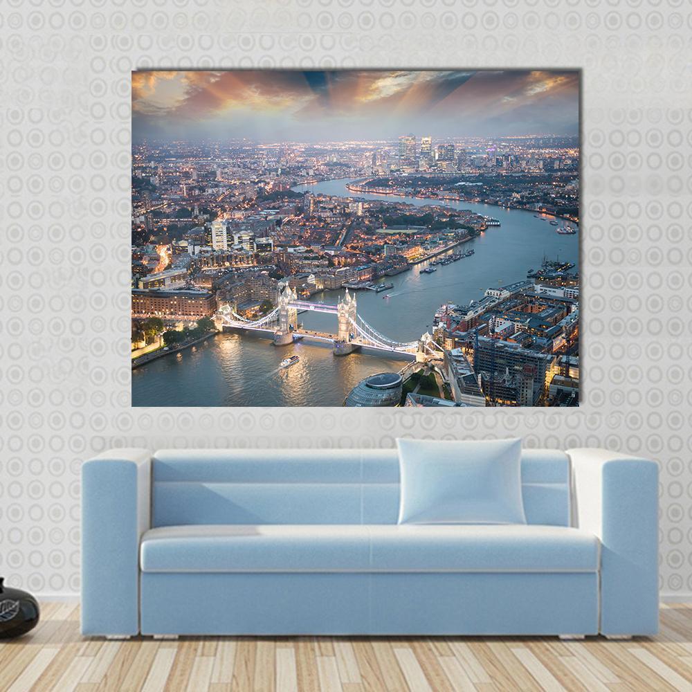 Aerial View of Tower Bridge Canvas Wall Art in gray, orange and blue, single panel hung on a wall