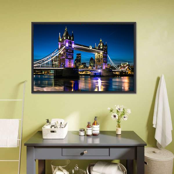 Tower Bridge At Night Canvas Wall Art-1 Piece-Floating Frame-24" x 16"-Tiaracle