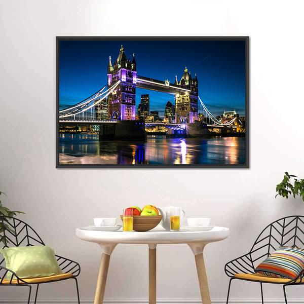 Tower Bridge At Night Canvas Wall Art-3 Horizontal-Gallery Wrap-25" x 16"-Tiaracle