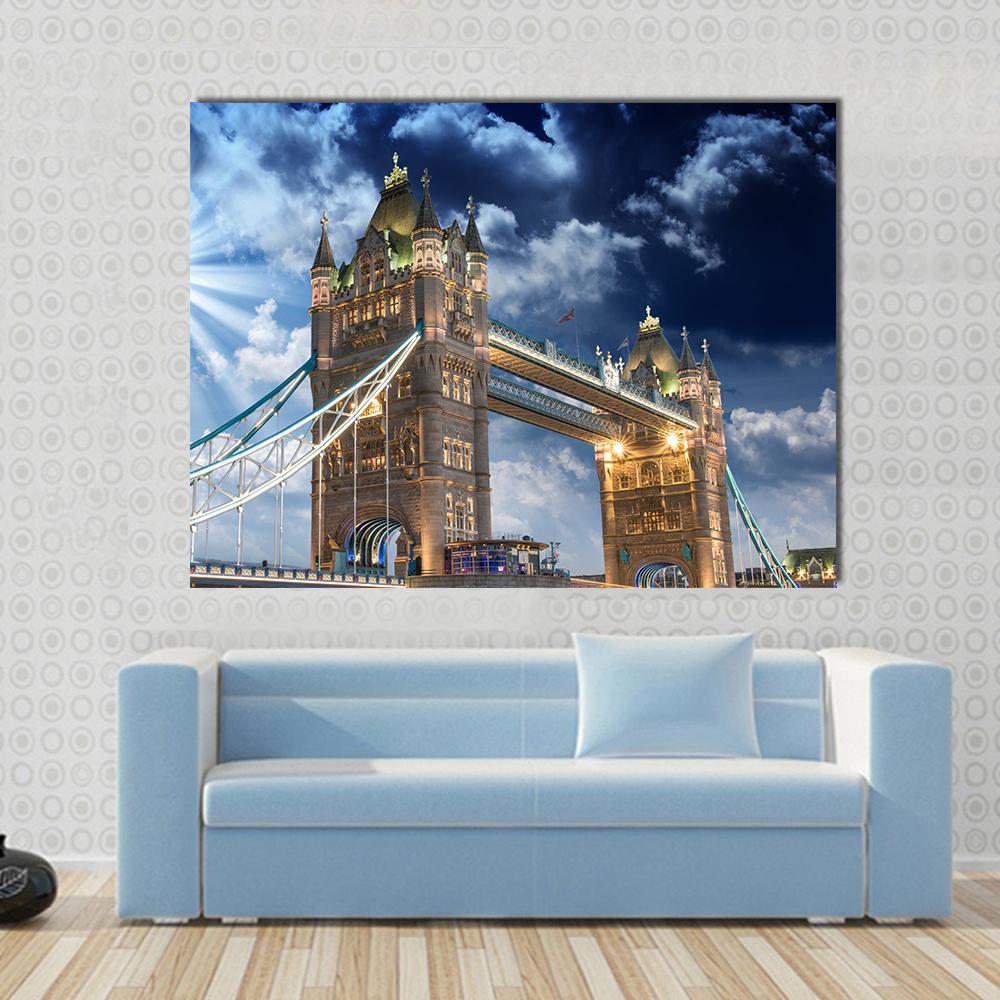 Tower Bridge at Sunset Canvas Wall Art in gold and blue, single panel hung on a wall