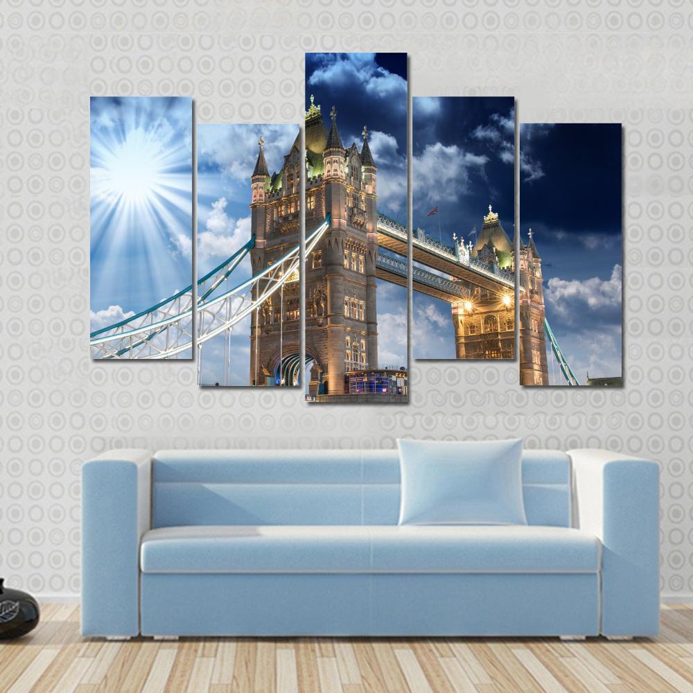 Tower Bridge At Sunset Canvas Wall Art-5 Pop-Gallery Wrap-47" x 32"-Tiaracle