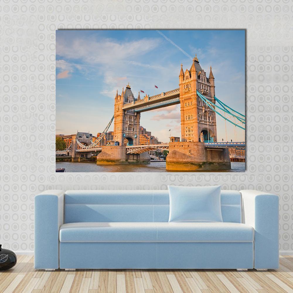 Tower Bridge in Day View Canvas Wall Art in beige, brown and blue, single panel hung on a wall