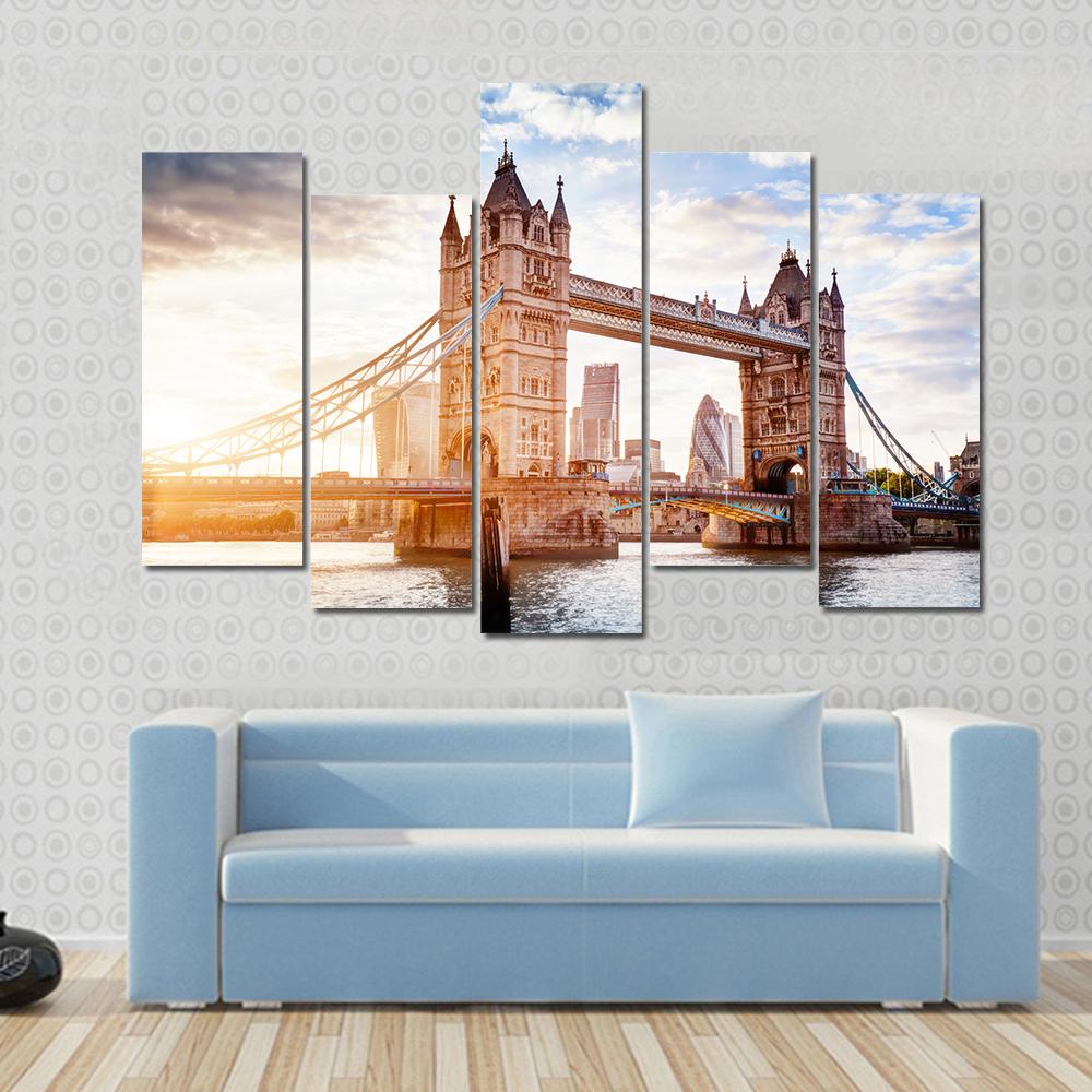 Tower Bridge In London Sunset With Beautiful Clouds Canvas Wall Art-5 Pop-Gallery Wrap-47" x 32"-Tiaracle