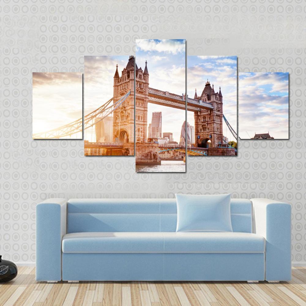 Tower Bridge In London Sunset With Beautiful Clouds Canvas Wall Art-5 Star-Gallery Wrap-62" x 32"-Tiaracle