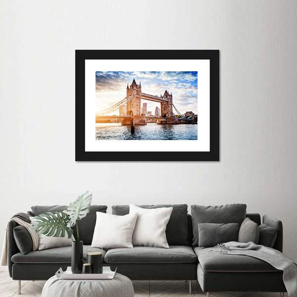 Tower Bridge In London Sunset With Beautiful Clouds Canvas Wall Art-1 Piece-Framed Print-20" x 16"-Tiaracle