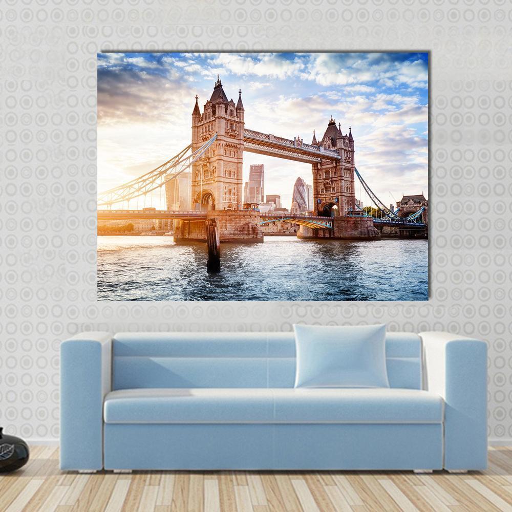 Tower Bridge at Sunset with Clouds Canvas Wall Art in beige, orange and blue, single panel hung on a wall