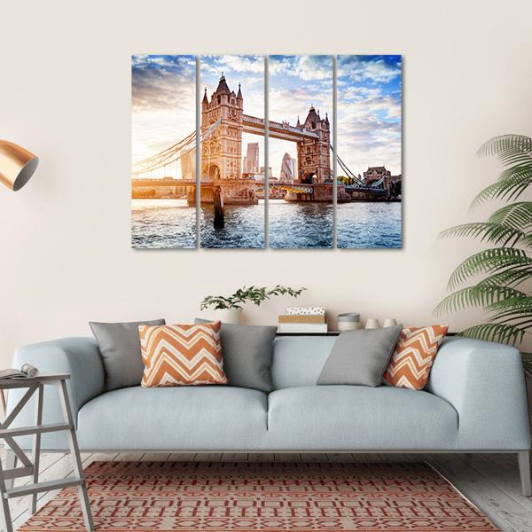 Tower Bridge In London Sunset With Beautiful Clouds Canvas Wall Art-4 Horizontal-Gallery Wrap-34" x 24"-Tiaracle