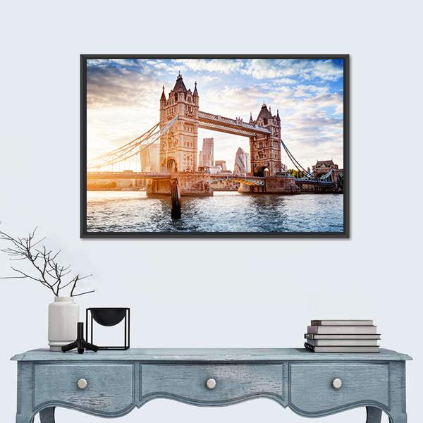Tower Bridge In London Sunset With Beautiful Clouds Canvas Wall Art-3 Horizontal-Gallery Wrap-25" x 16"-Tiaracle