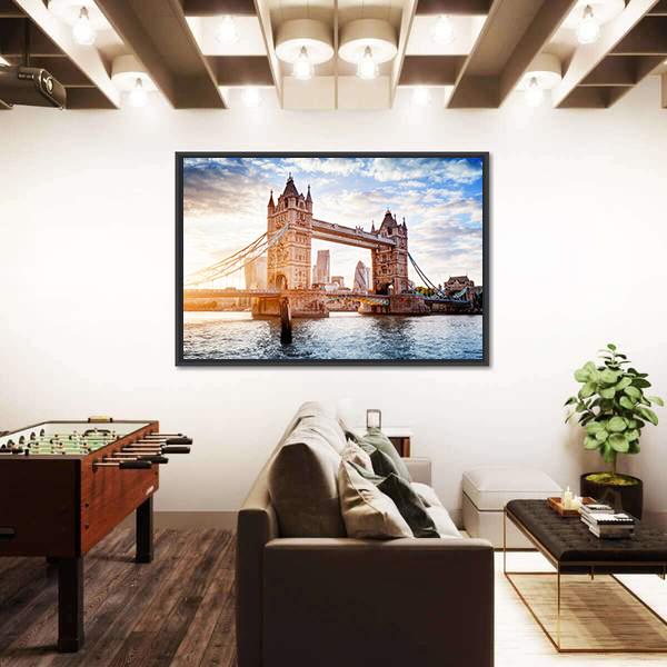 Tower Bridge In London Sunset With Beautiful Clouds Canvas Wall Art-3 Horizontal-Gallery Wrap-25" x 16"-Tiaracle