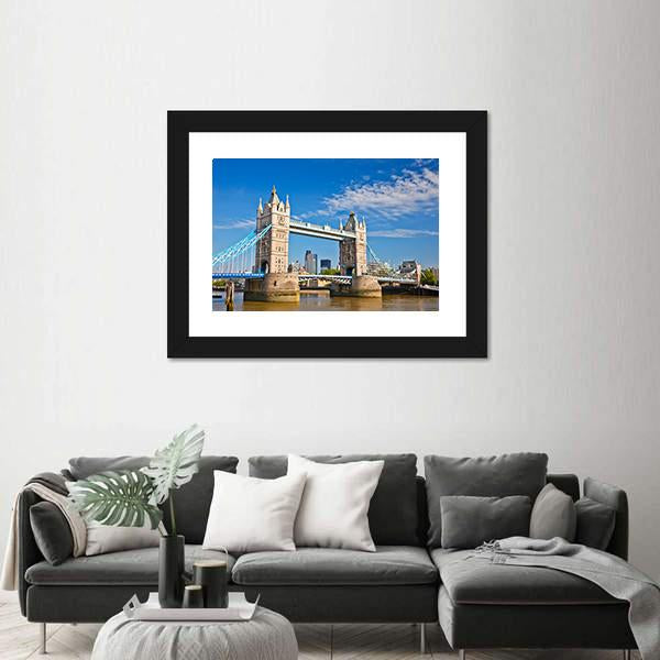 Tower Bridge In London Under Blue Sky Canvas Wall Art-1 Piece-Framed Print-20" x 16"-Tiaracle