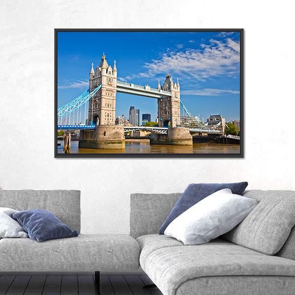 Tower Bridge In London Under Blue Sky Canvas Wall Art-1 Piece-Floating Frame-24" x 16"-Tiaracle