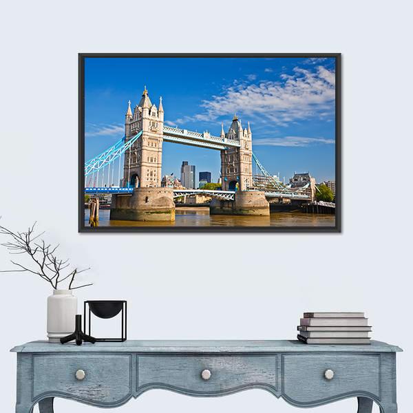 Tower Bridge In London Under Blue Sky Canvas Wall Art-3 Horizontal-Gallery Wrap-25" x 16"-Tiaracle