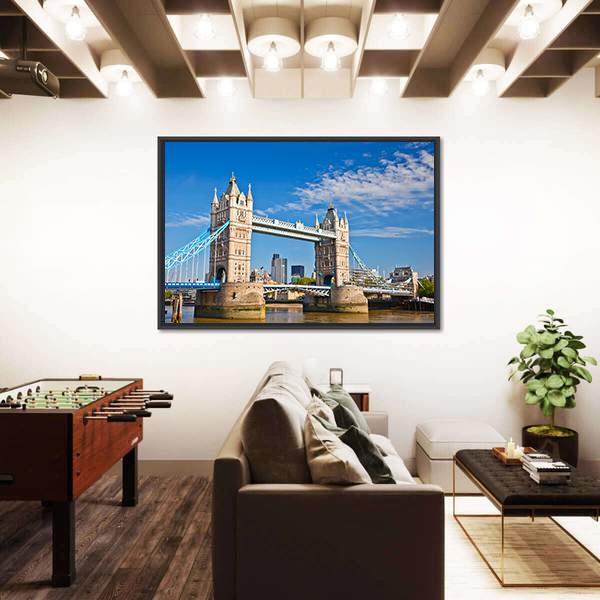Tower Bridge In London Under Blue Sky Canvas Wall Art-5 Horizontal-Gallery Wrap-22" x 12"-Tiaracle
