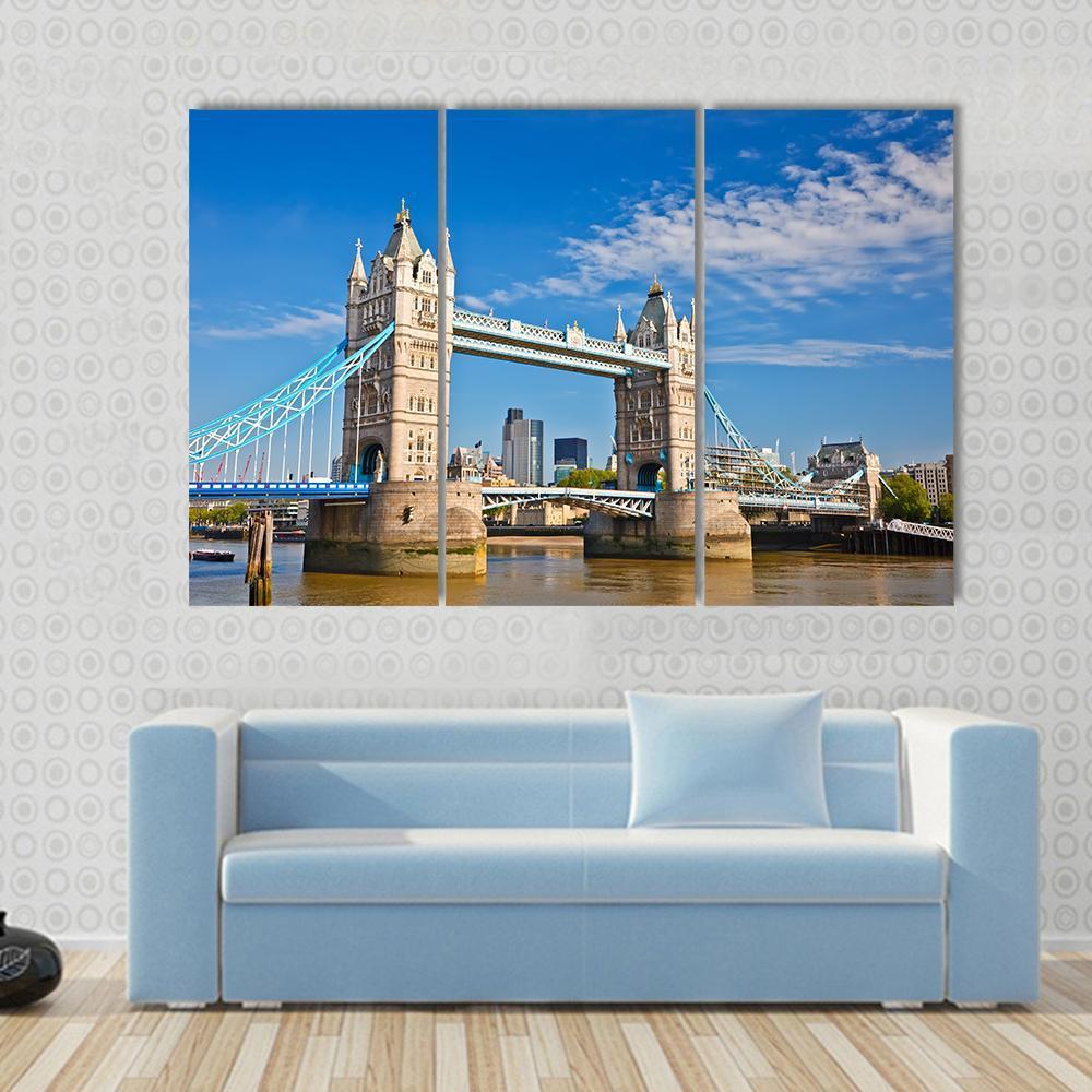 Tower Bridge In London Under Blue Sky Canvas Wall Art-3 Horizontal-Gallery Wrap-37" x 24"-Tiaracle
