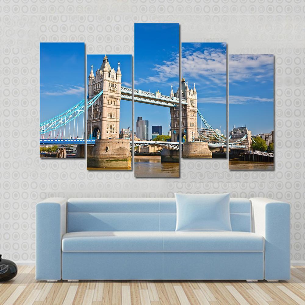 Tower Bridge In London Under Blue Sky Canvas Wall Art-5 Pop-Gallery Wrap-47" x 32"-Tiaracle