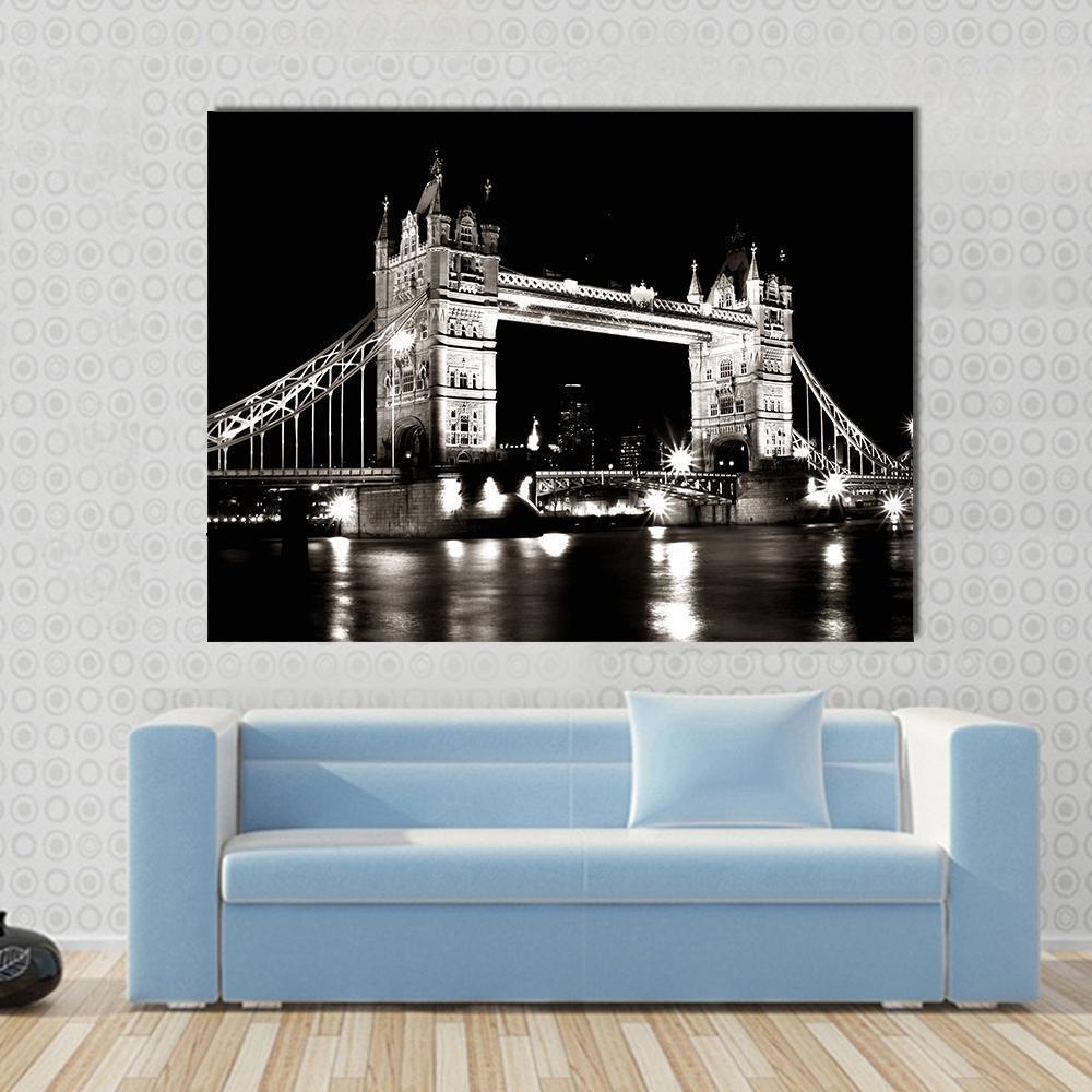 Tower Bridge Night View Canvas Wall Art in black and white, single panel hung on a wall