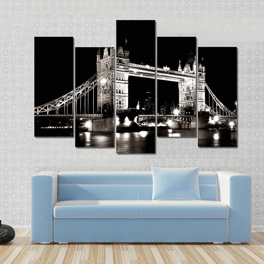 Tower Bridge Night View Canvas Wall Art-5 Pop-Gallery Wrap-47" x 32"-Tiaracle
