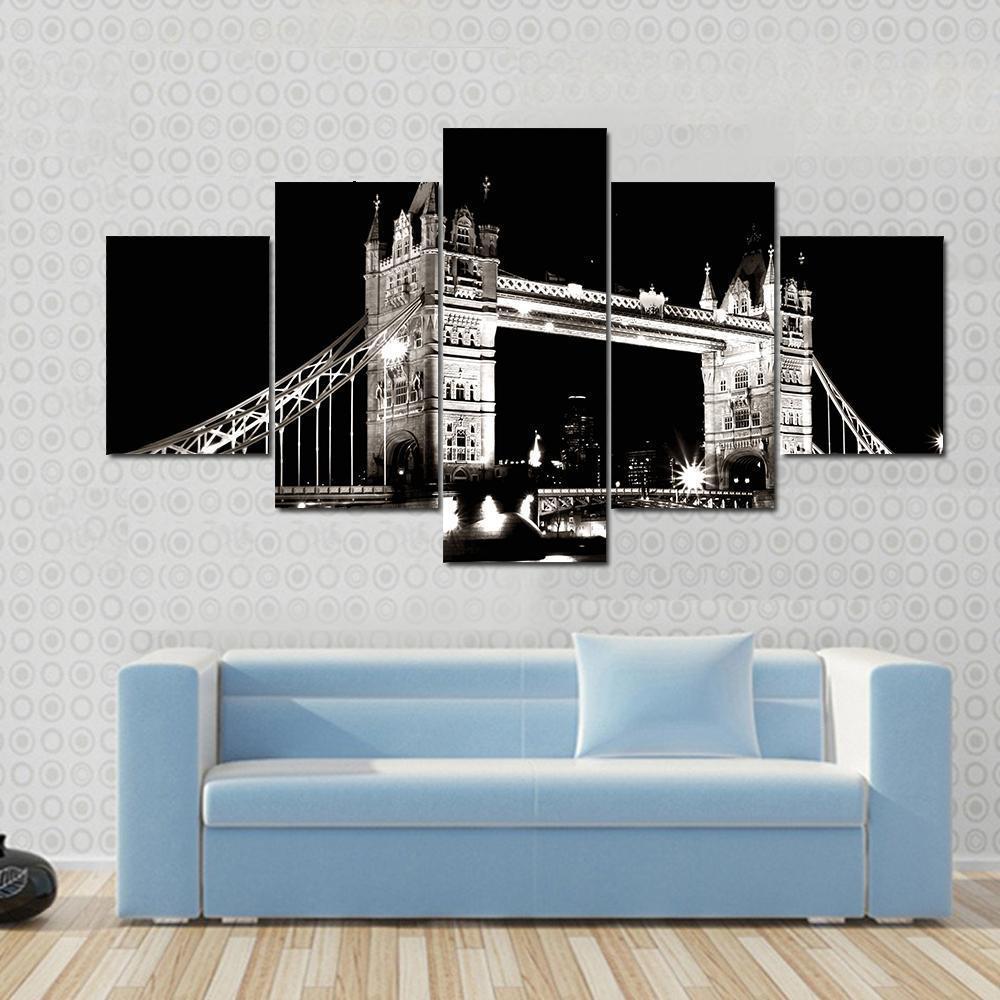 Tower Bridge Night View Canvas Wall Art-5 Star-Gallery Wrap-62" x 32"-Tiaracle