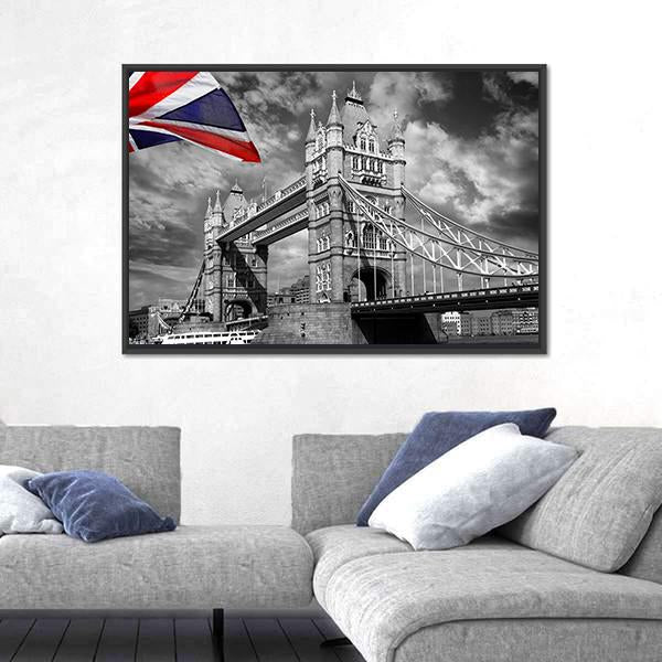 Tower Bridge London In Black &amp; White Canvas Wall Art-1 Piece-Floating Frame-24" x 16"-Tiaracle
