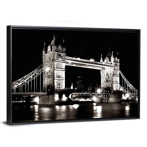 Tower Bridge Night View Canvas Wall Art-1 Piece-Floating Frame-24" x 16"-Tiaracle