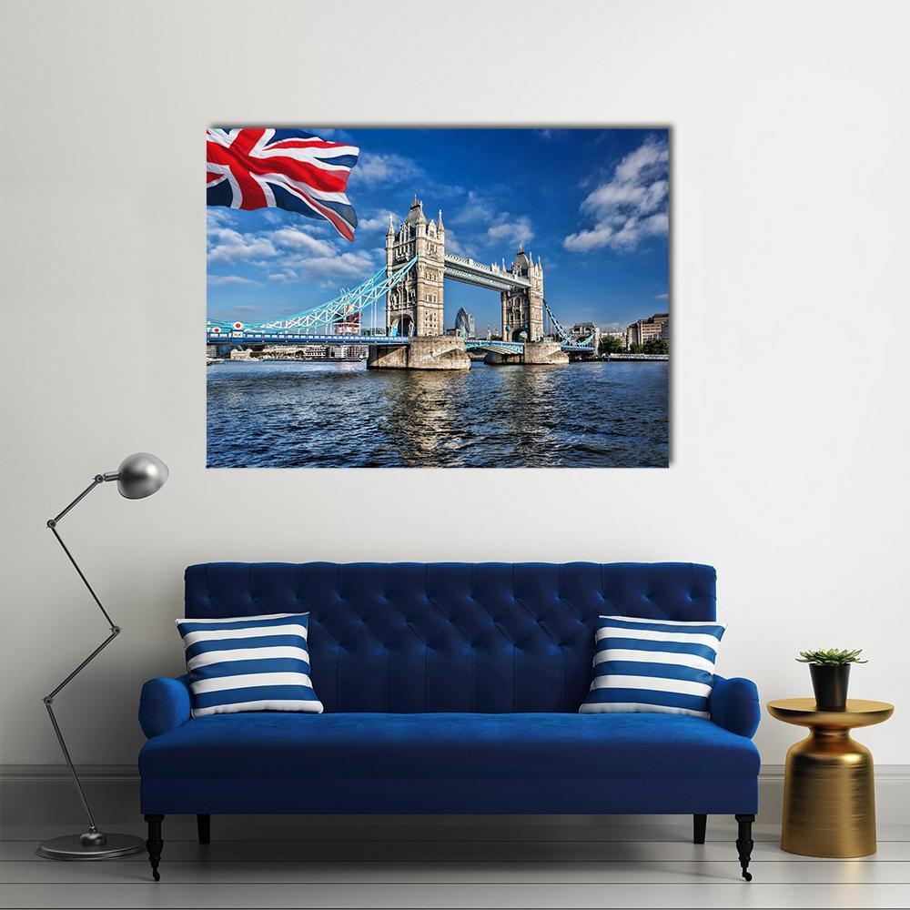 Tower Bridge with Union Jack Flag Canvas Wall Art in white, red and blue, single panel hung on a wall