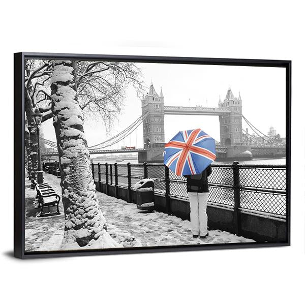 Tower Bridge On Snowy Day Canvas Wall Art-3 Horizontal-Gallery Wrap-25" x 16"-Tiaracle