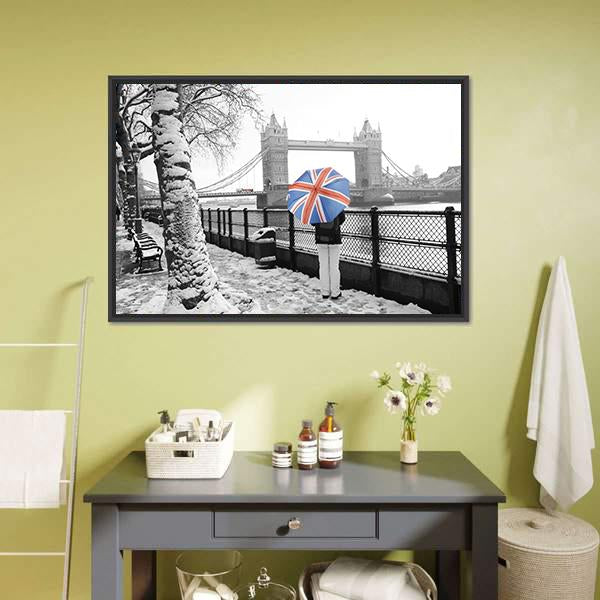 Tower Bridge On Snowy Day Canvas Wall Art-1 Piece-Floating Frame-24" x 16"-Tiaracle