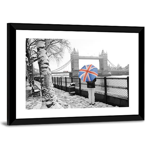 Tower Bridge On Snowy Day Canvas Wall Art-3 Horizontal-Gallery Wrap-25" x 16"-Tiaracle