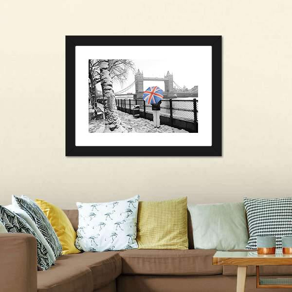 Tower Bridge On Snowy Day Canvas Wall Art-3 Horizontal-Gallery Wrap-25" x 16"-Tiaracle