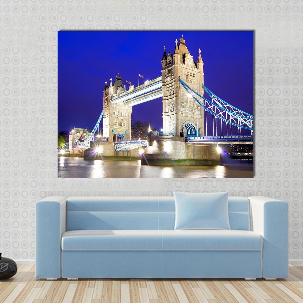 Tower Bridge Over River Thames Canvas Wall Art in beige and blue, single panel hung on a wall