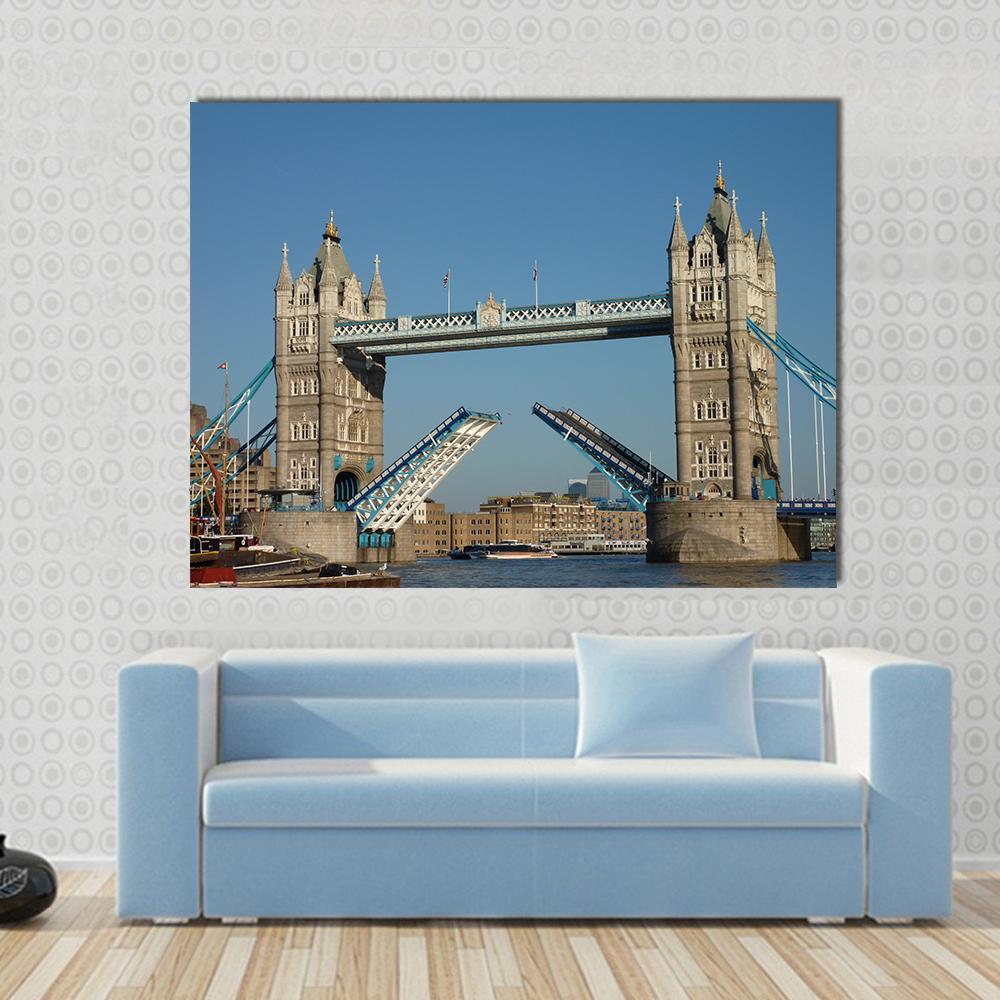 Tower Bridge Over the River Thames Canvas Wall Art in gray, beige and blue, single panel hung on a wall