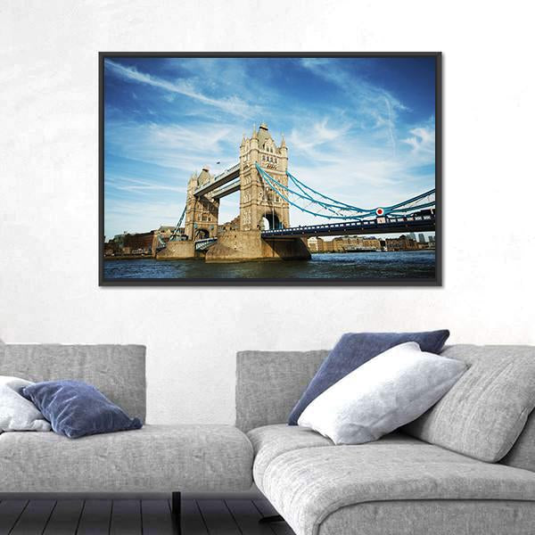 Tower Bridge Under Cloudy Sky Canvas Wall Art-1 Piece-Floating Frame-24" x 16"-Tiaracle