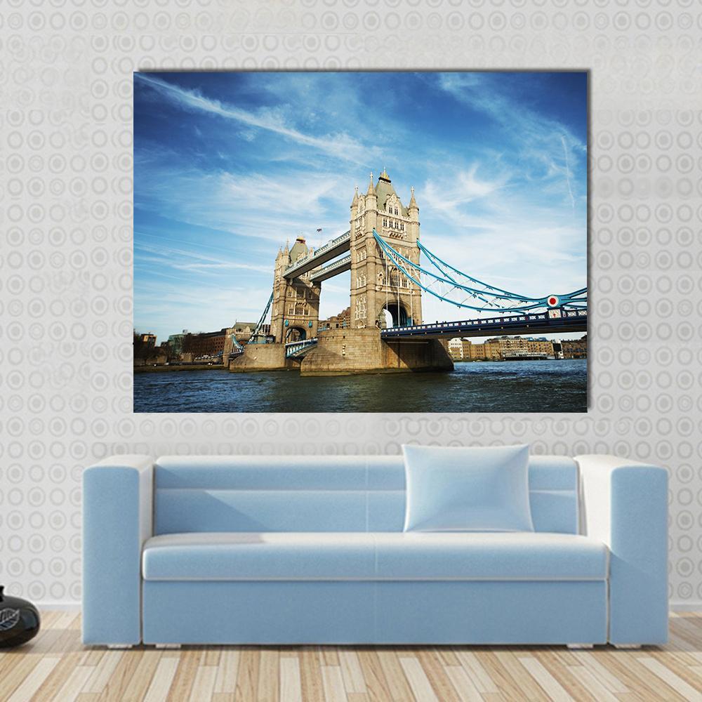 Tower Bridge Under Cloudy Sky Canvas Wall Art-1 Piece-Gallery Wrap-48" x 32"-Tiaracle