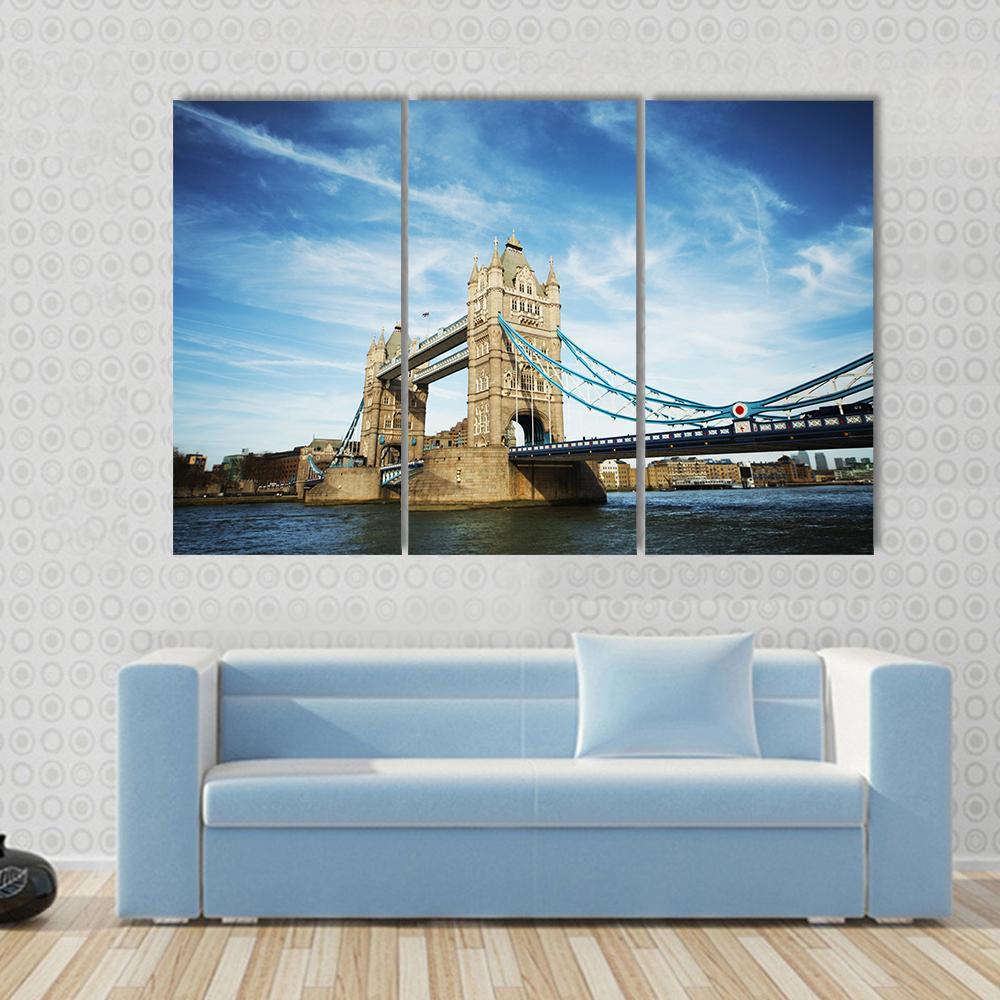 Tower Bridge Under Cloudy Sky Canvas Wall Art-3 Horizontal-Gallery Wrap-37" x 24"-Tiaracle