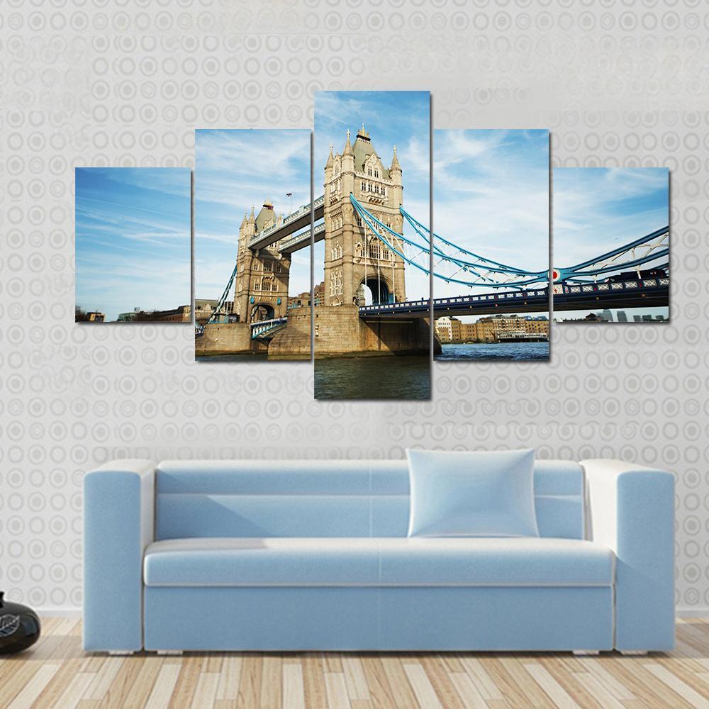 Tower Bridge Under Cloudy Sky Canvas Wall Art-5 Star-Gallery Wrap-62" x 32"-Tiaracle