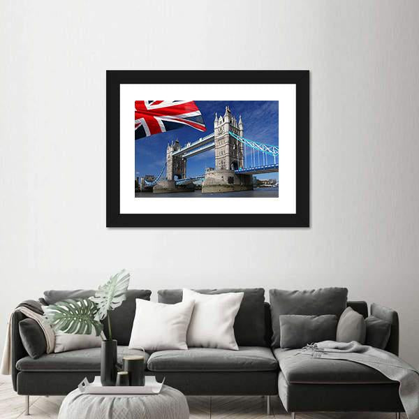 Tower Bridge With England Flag Canvas Wall Art-1 Piece-Framed Print-20" x 16"-Tiaracle
