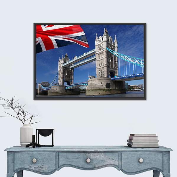Tower Bridge With England Flag Canvas Wall Art-3 Horizontal-Gallery Wrap-25" x 16"-Tiaracle