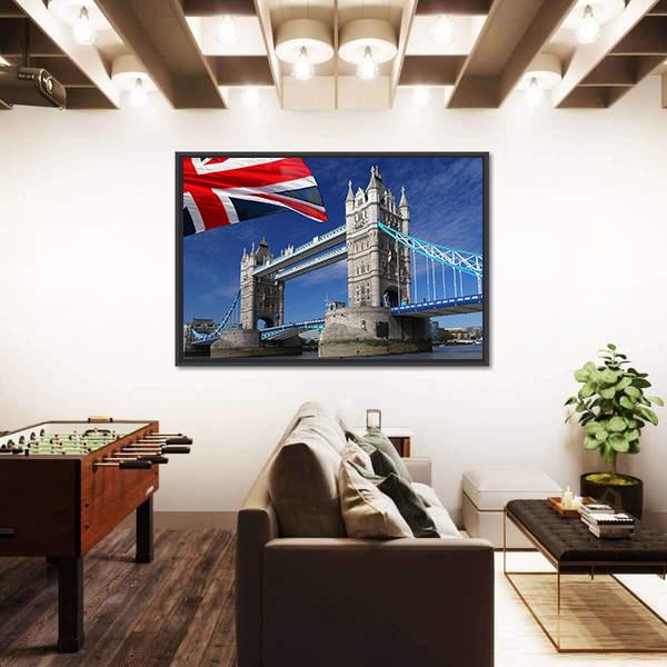 Tower Bridge With England Flag Canvas Wall Art-3 Horizontal-Gallery Wrap-25" x 16"-Tiaracle