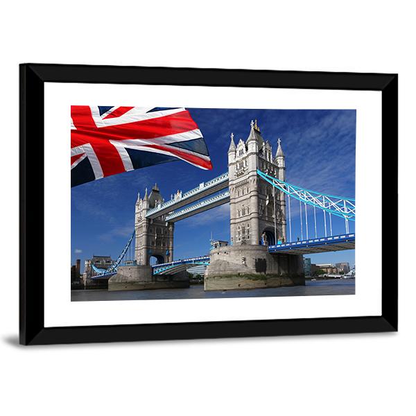 Tower Bridge With England Flag Canvas Wall Art-3 Horizontal-Gallery Wrap-25" x 16"-Tiaracle