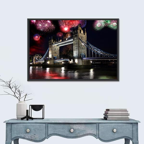 Tower Bridge With Firework Canvas Wall Art-1 Piece-Floating Frame-24" x 16"-Tiaracle
