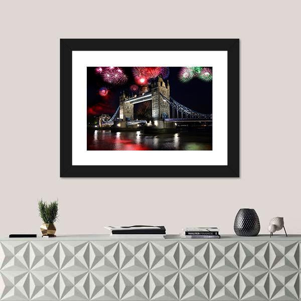 Tower Bridge With Firework Canvas Wall Art-1 Piece-Framed Print-20" x 16"-Tiaracle