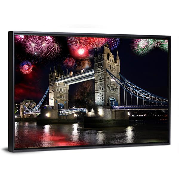 Tower Bridge With Firework Canvas Wall Art-3 Horizontal-Gallery Wrap-25" x 16"-Tiaracle