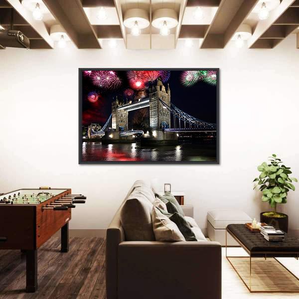 Tower Bridge With Firework Canvas Wall Art-3 Horizontal-Gallery Wrap-25" x 16"-Tiaracle