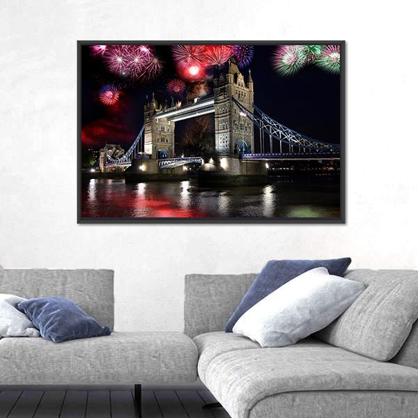Tower Bridge With Firework Canvas Wall Art-3 Horizontal-Gallery Wrap-25" x 16"-Tiaracle