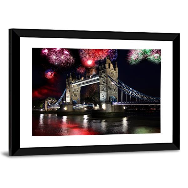 Tower Bridge With Firework Canvas Wall Art-3 Horizontal-Gallery Wrap-25" x 16"-Tiaracle